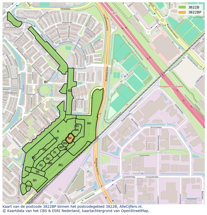 Afbeelding van het postcodegebied 3822 BP op de kaart.