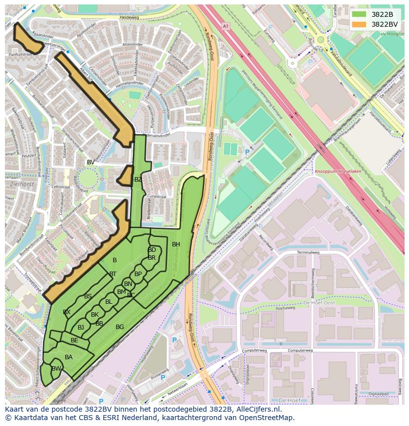 Afbeelding van het postcodegebied 3822 BV op de kaart.