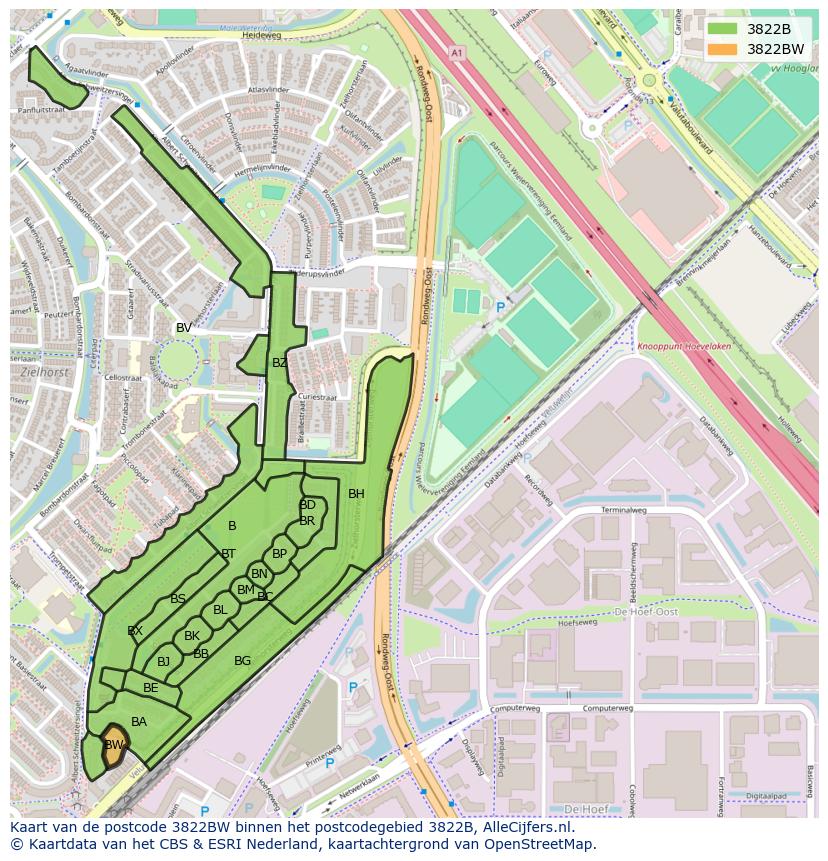 Afbeelding van het postcodegebied 3822 BW op de kaart.