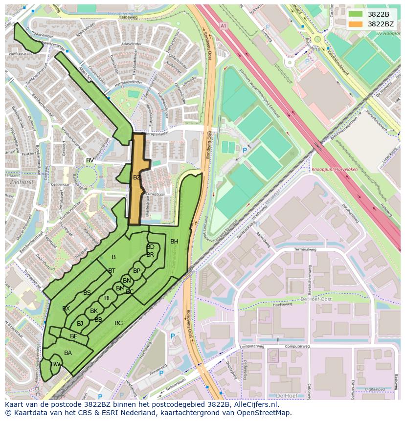 Afbeelding van het postcodegebied 3822 BZ op de kaart.