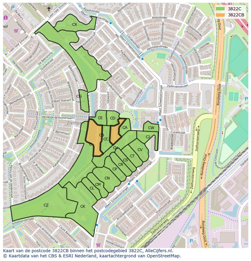 Afbeelding van het postcodegebied 3822 CB op de kaart.