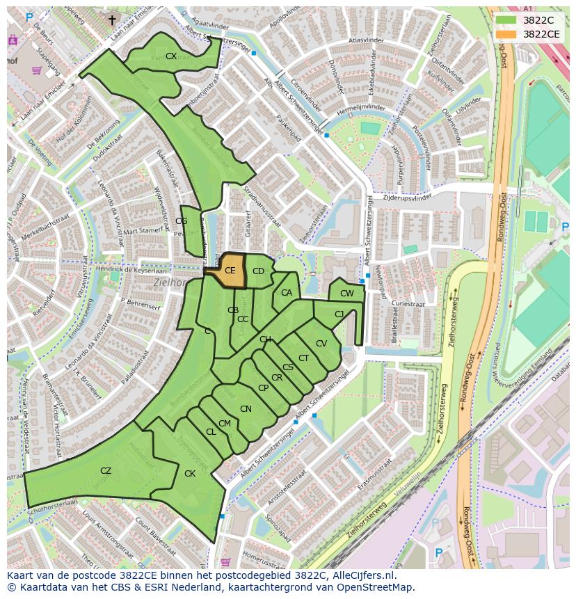 Afbeelding van het postcodegebied 3822 CE op de kaart.