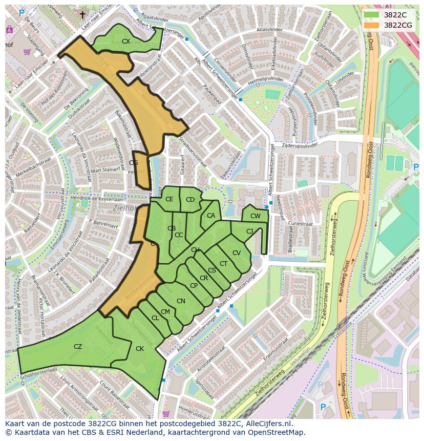 Afbeelding van het postcodegebied 3822 CG op de kaart.