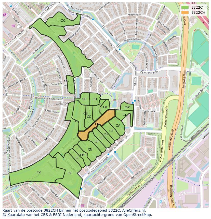 Afbeelding van het postcodegebied 3822 CH op de kaart.