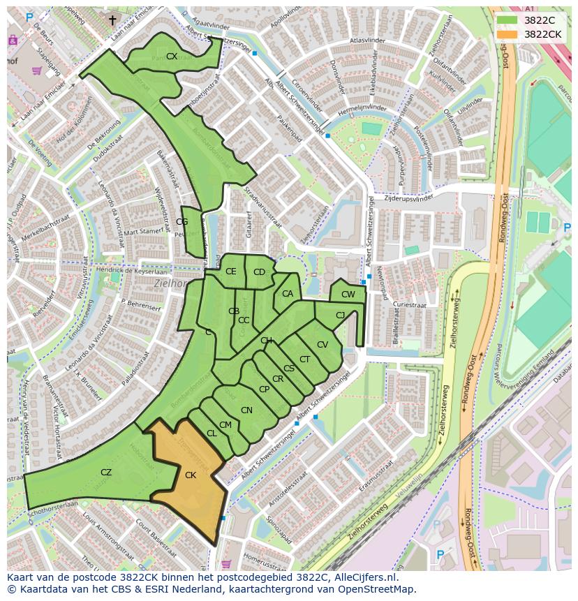 Afbeelding van het postcodegebied 3822 CK op de kaart.