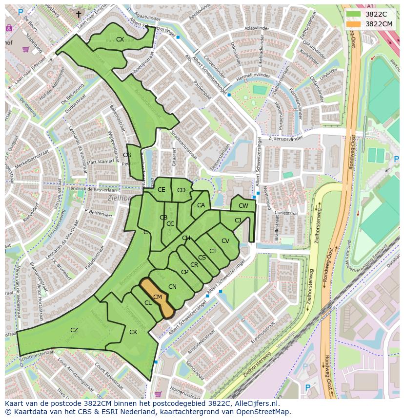 Afbeelding van het postcodegebied 3822 CM op de kaart.
