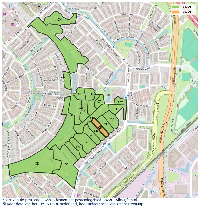 Afbeelding van het postcodegebied 3822 CS op de kaart.