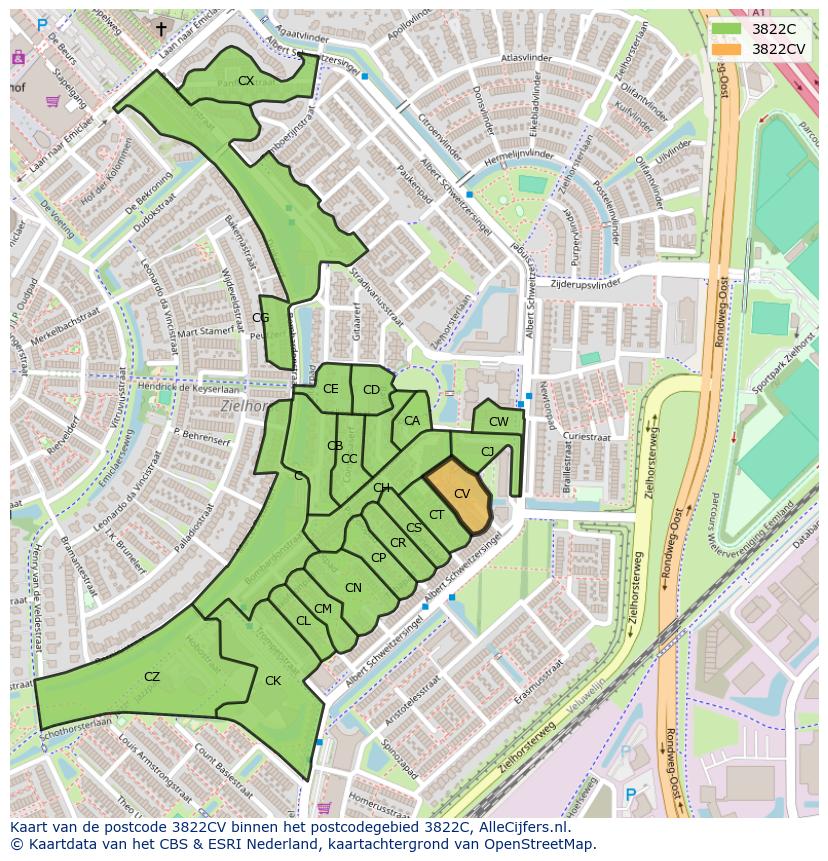 Afbeelding van het postcodegebied 3822 CV op de kaart.
