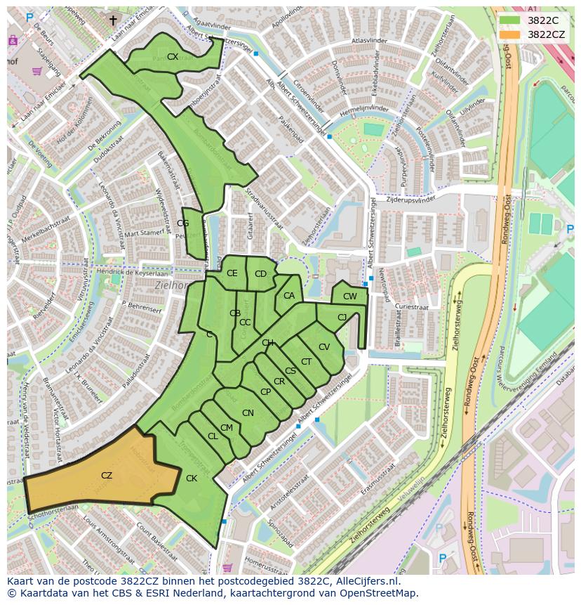 Afbeelding van het postcodegebied 3822 CZ op de kaart.