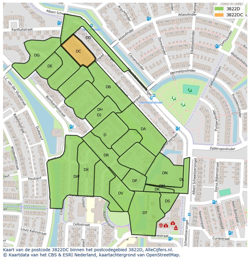 Afbeelding van het postcodegebied 3822 DC op de kaart.