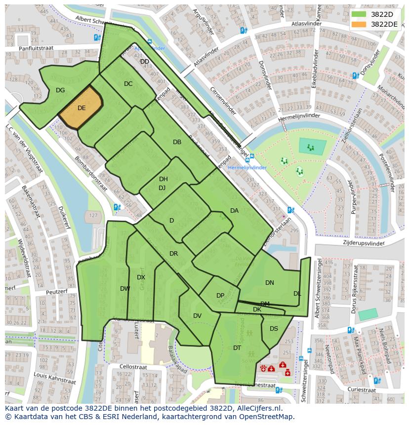 Afbeelding van het postcodegebied 3822 DE op de kaart.