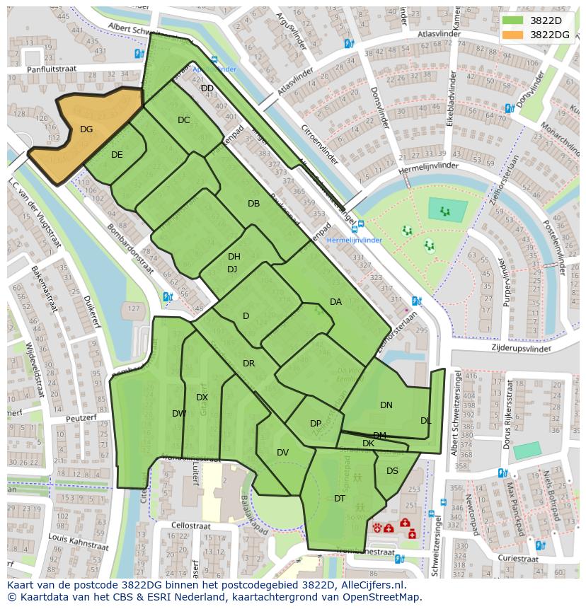 Afbeelding van het postcodegebied 3822 DG op de kaart.