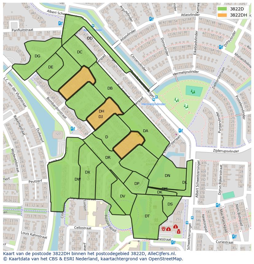 Afbeelding van het postcodegebied 3822 DH op de kaart.
