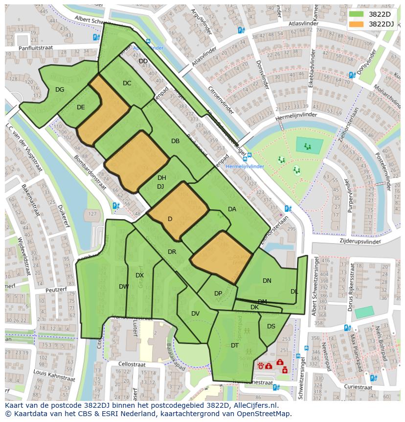 Afbeelding van het postcodegebied 3822 DJ op de kaart.