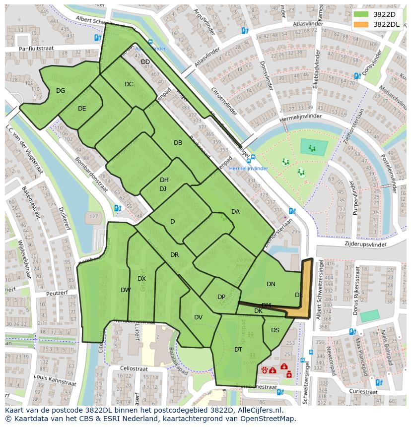 Afbeelding van het postcodegebied 3822 DL op de kaart.