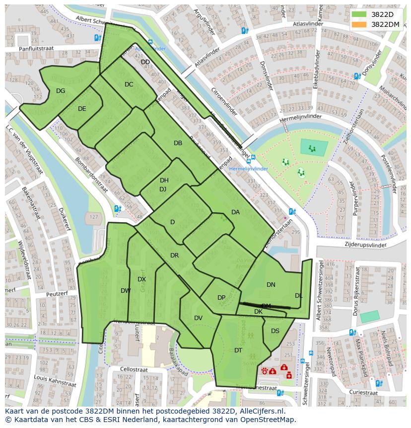 Afbeelding van het postcodegebied 3822 DM op de kaart.