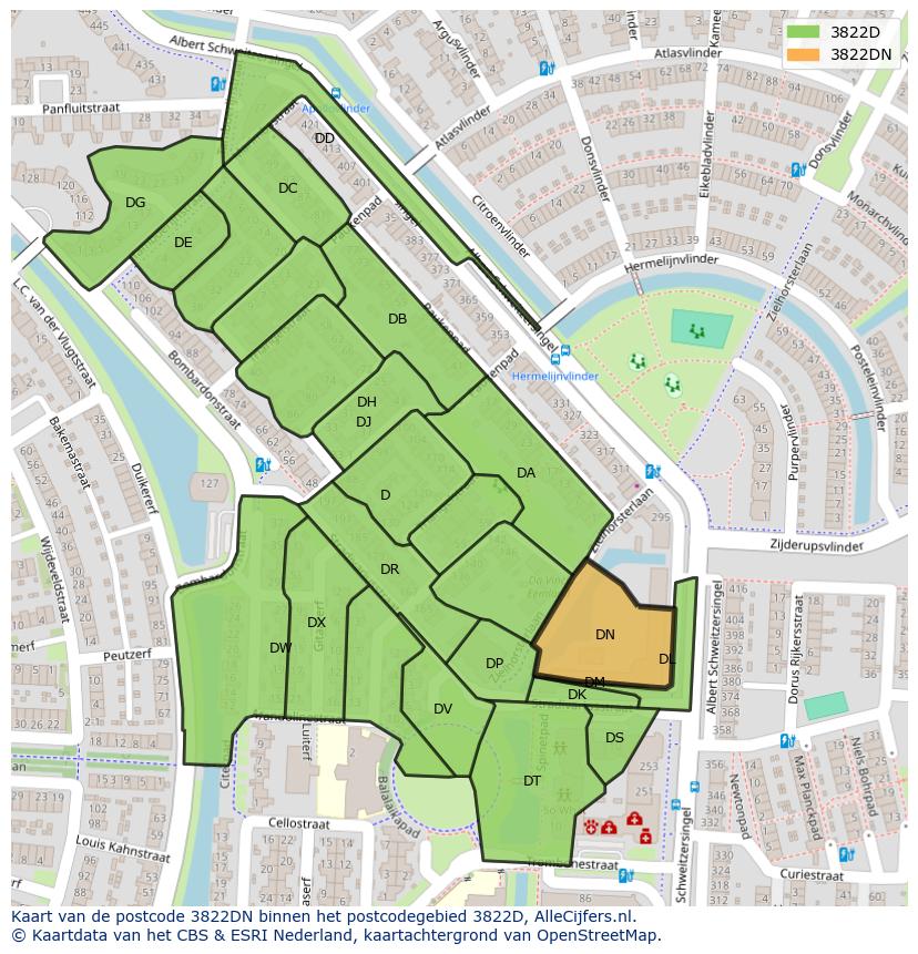 Afbeelding van het postcodegebied 3822 DN op de kaart.