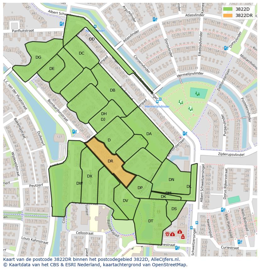 Afbeelding van het postcodegebied 3822 DR op de kaart.
