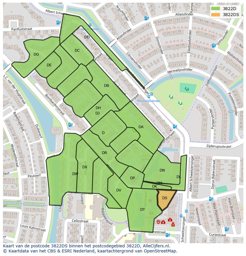 Afbeelding van het postcodegebied 3822 DS op de kaart.