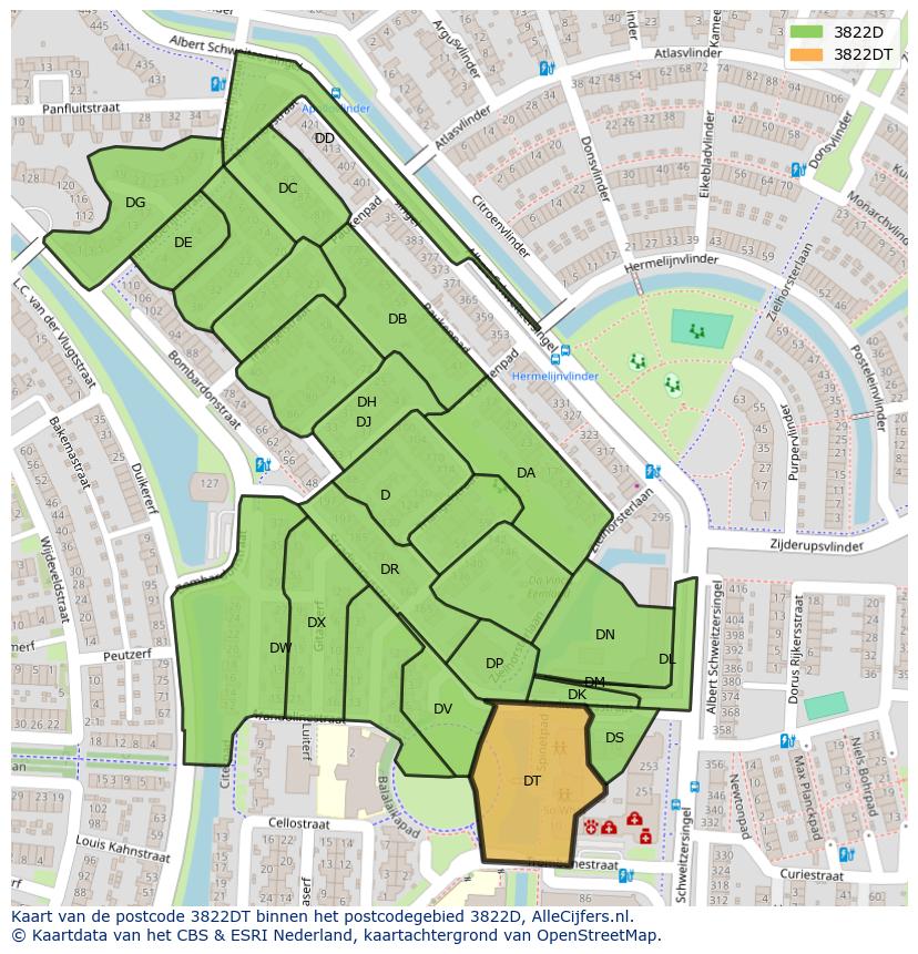 Afbeelding van het postcodegebied 3822 DT op de kaart.