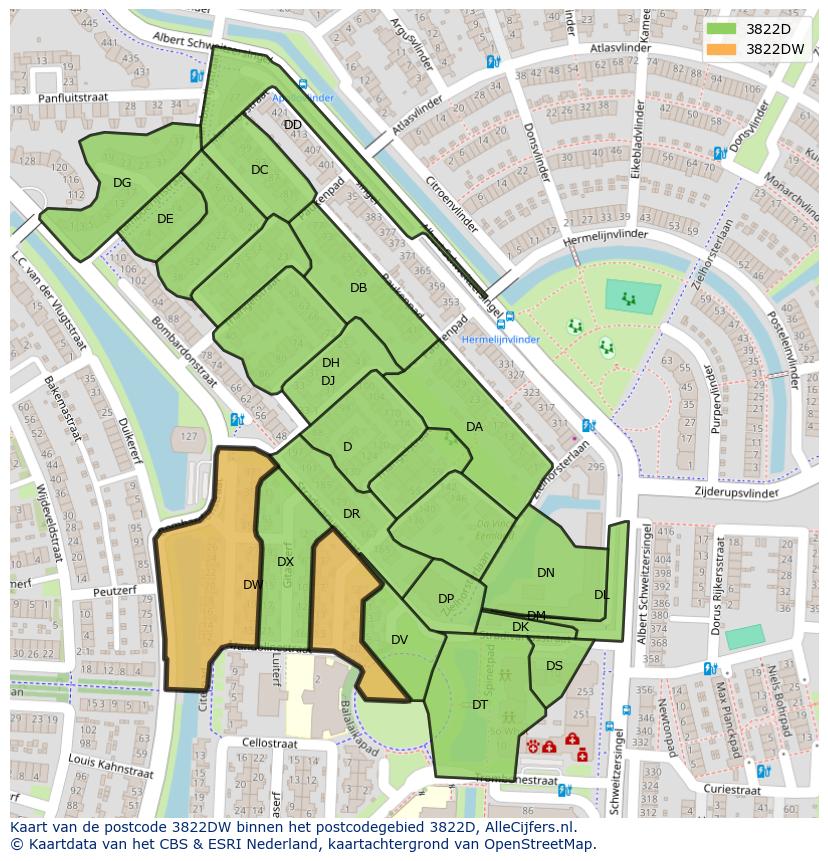 Afbeelding van het postcodegebied 3822 DW op de kaart.