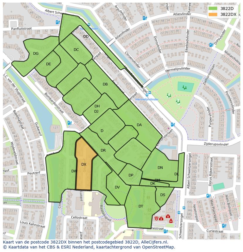 Afbeelding van het postcodegebied 3822 DX op de kaart.