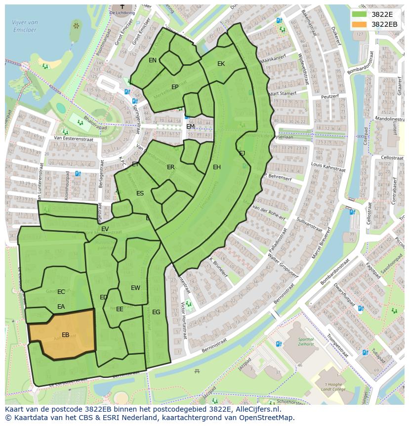 Afbeelding van het postcodegebied 3822 EB op de kaart.
