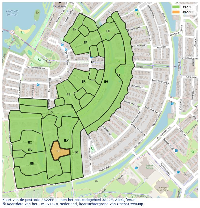 Afbeelding van het postcodegebied 3822 EE op de kaart.
