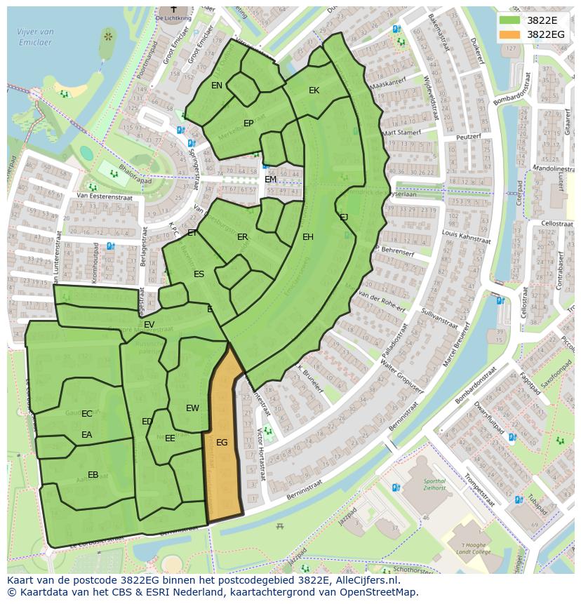 Afbeelding van het postcodegebied 3822 EG op de kaart.