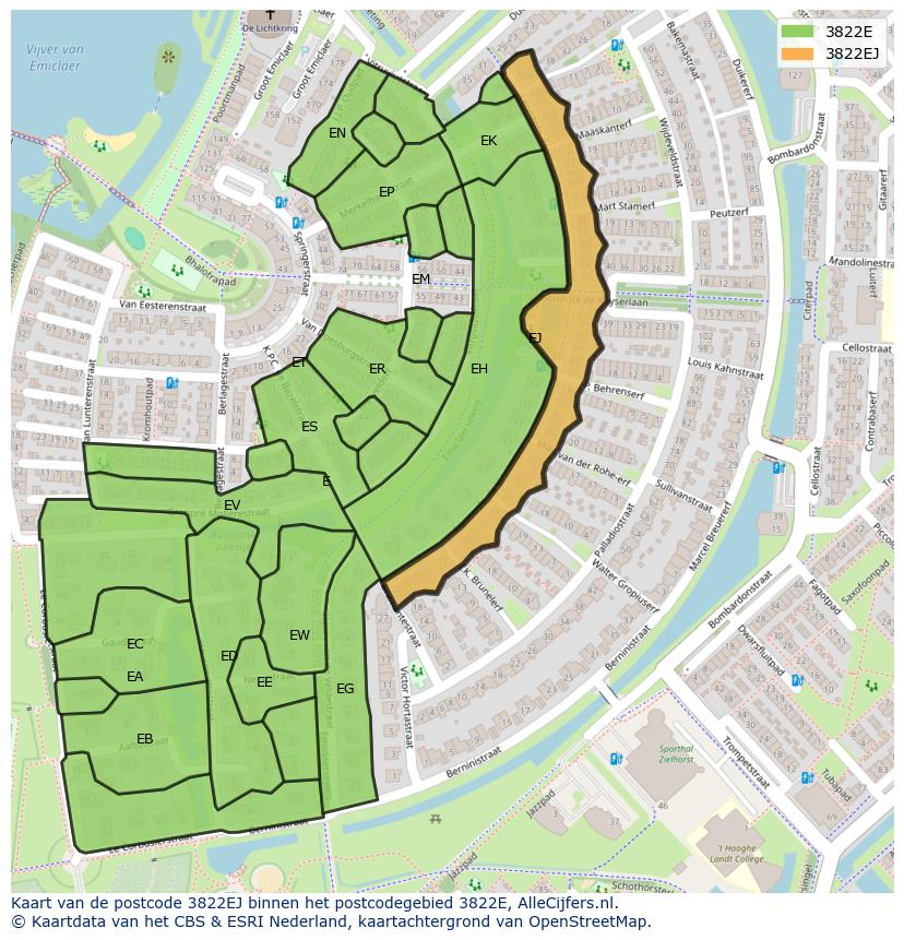 Afbeelding van het postcodegebied 3822 EJ op de kaart.