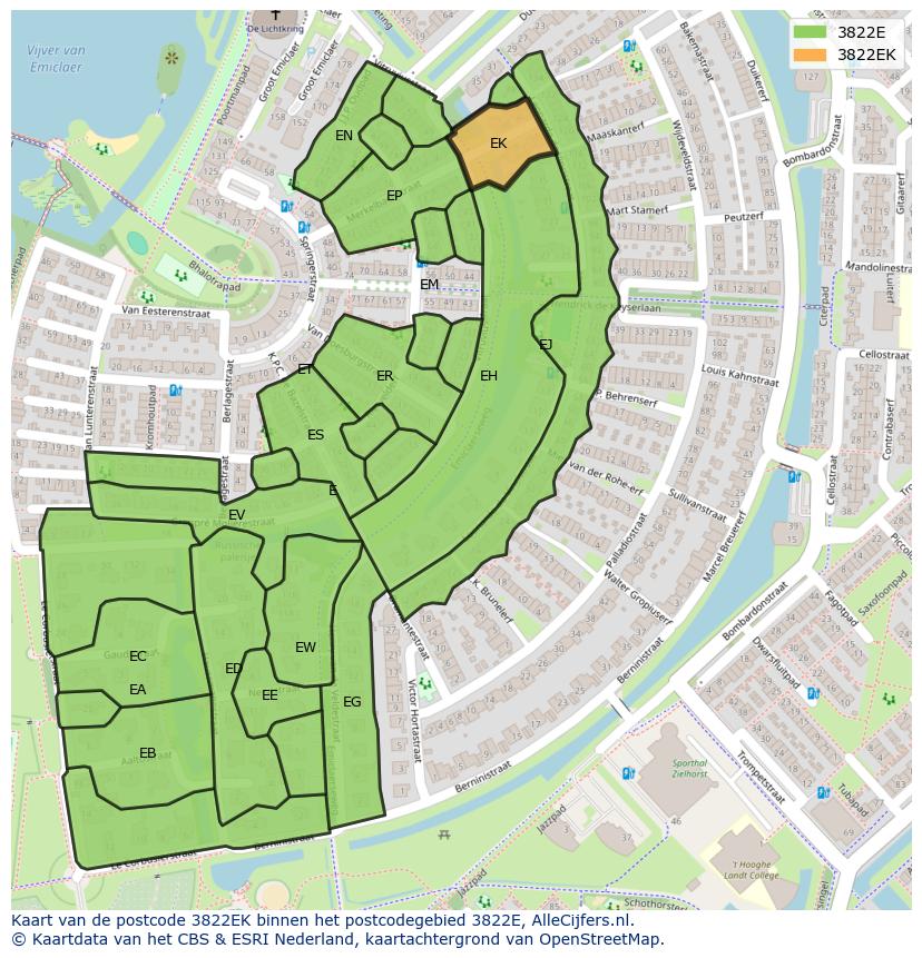 Afbeelding van het postcodegebied 3822 EK op de kaart.
