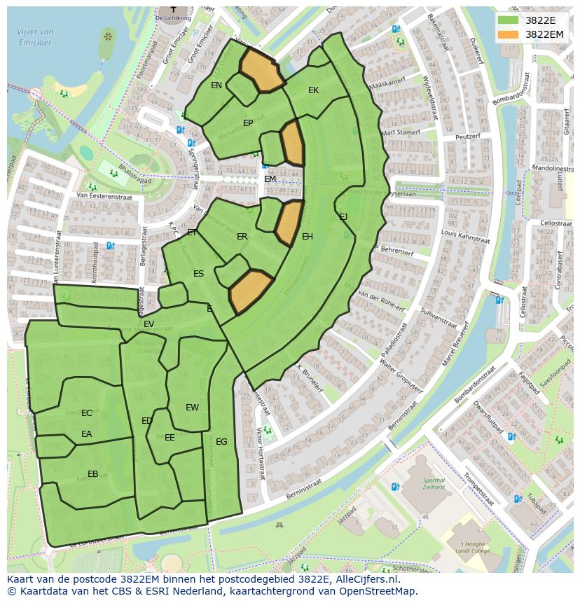 Afbeelding van het postcodegebied 3822 EM op de kaart.