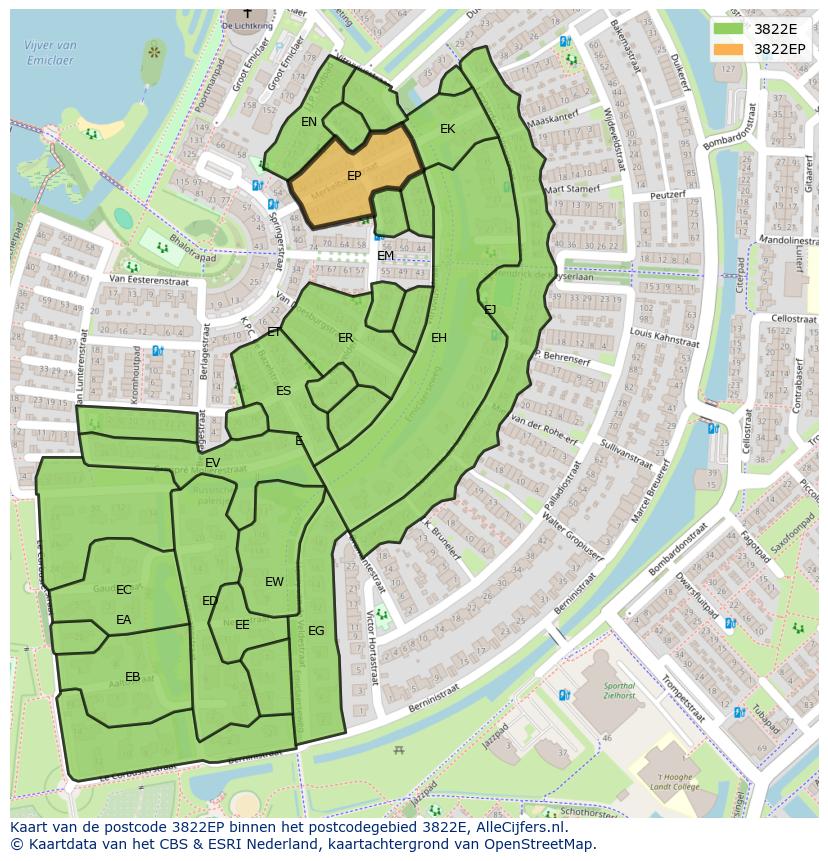 Afbeelding van het postcodegebied 3822 EP op de kaart.