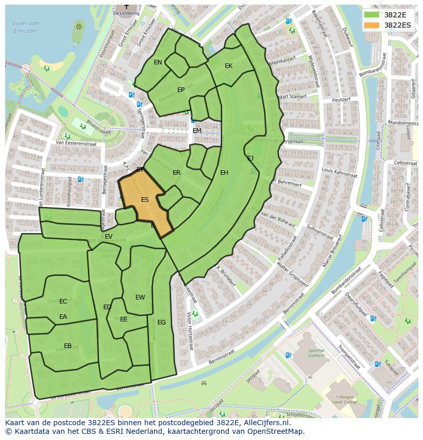 Afbeelding van het postcodegebied 3822 ES op de kaart.