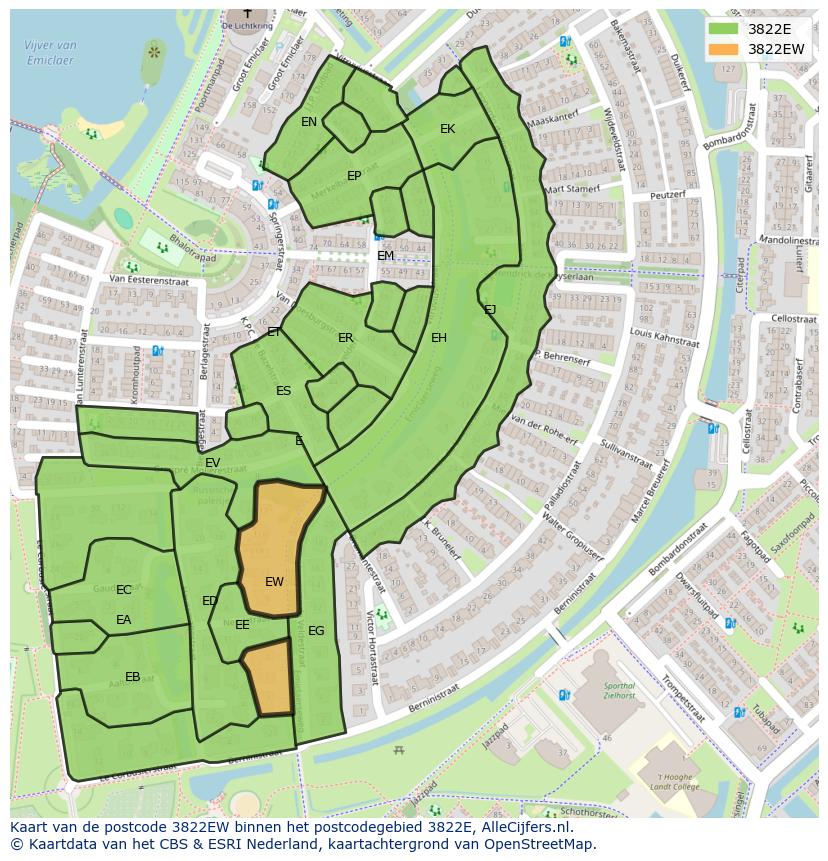 Afbeelding van het postcodegebied 3822 EW op de kaart.