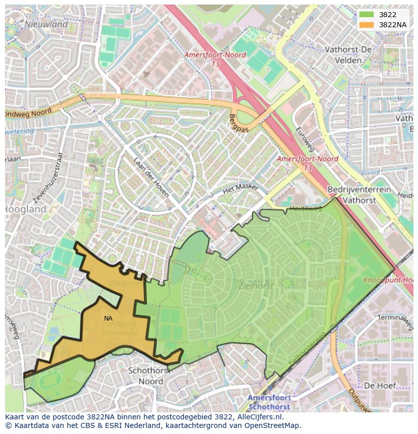 Afbeelding van het postcodegebied 3822 NA op de kaart.
