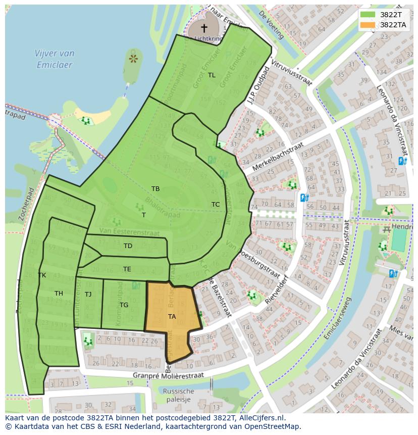 Afbeelding van het postcodegebied 3822 TA op de kaart.