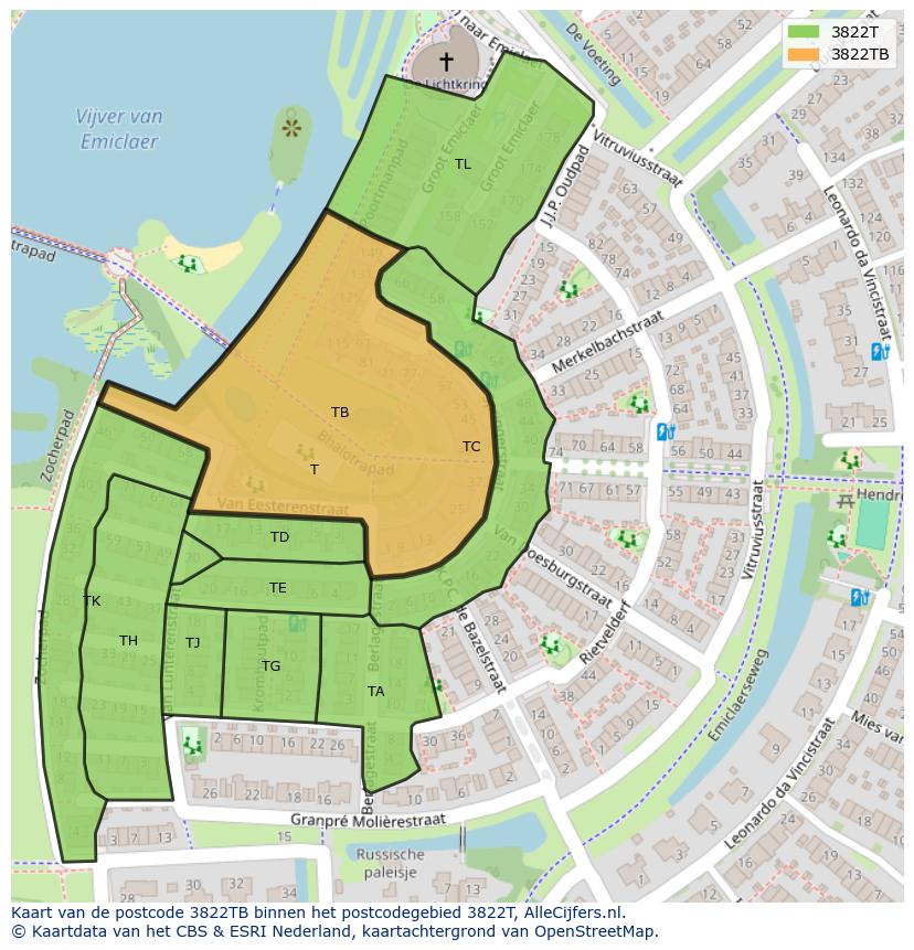 Afbeelding van het postcodegebied 3822 TB op de kaart.