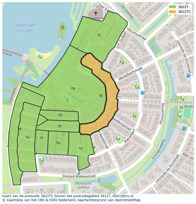 Afbeelding van het postcodegebied 3822 TC op de kaart.