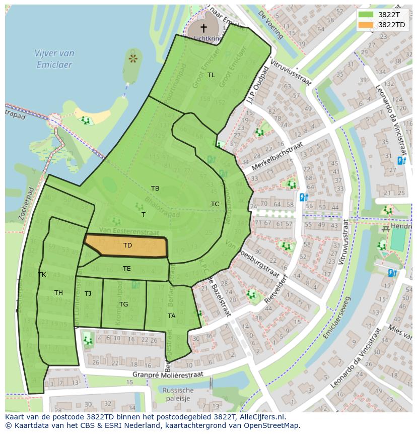 Afbeelding van het postcodegebied 3822 TD op de kaart.