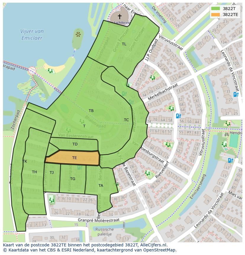 Afbeelding van het postcodegebied 3822 TE op de kaart.