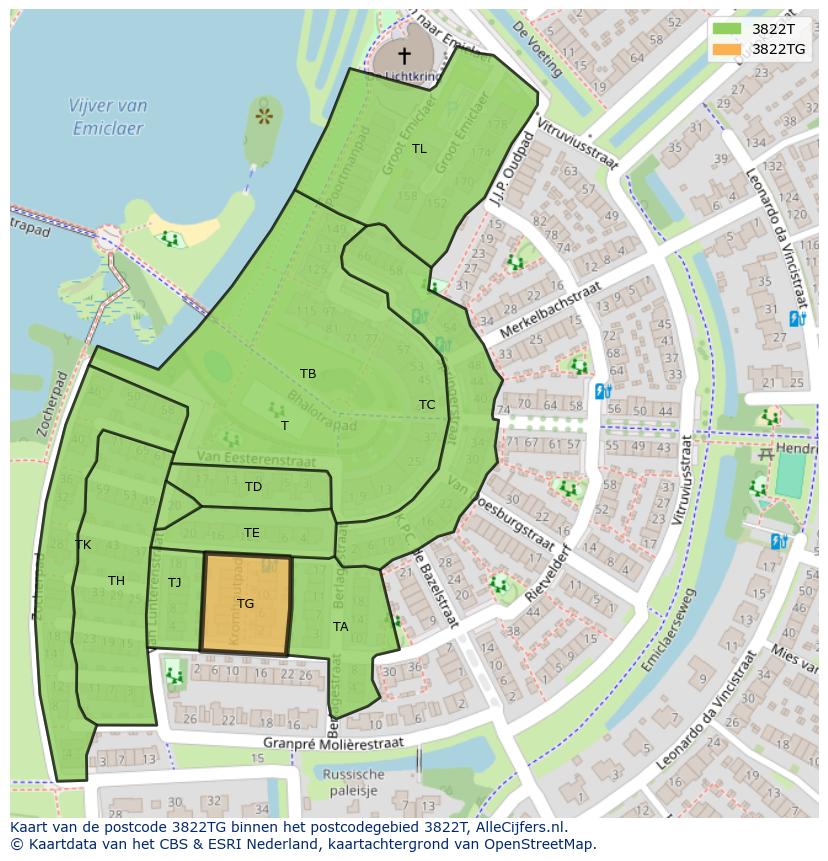 Afbeelding van het postcodegebied 3822 TG op de kaart.
