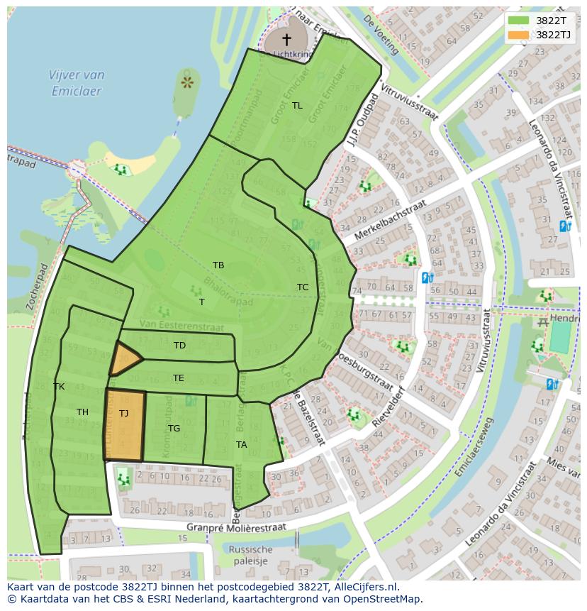 Afbeelding van het postcodegebied 3822 TJ op de kaart.
