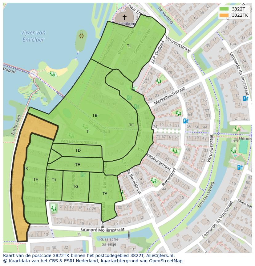 Afbeelding van het postcodegebied 3822 TK op de kaart.