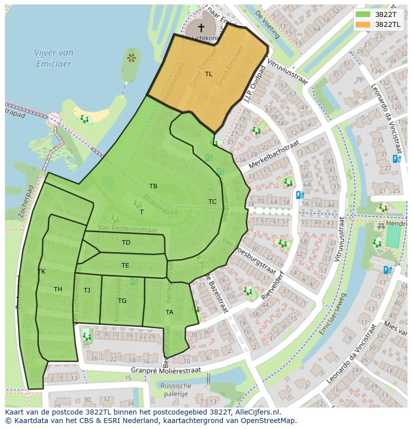 Afbeelding van het postcodegebied 3822 TL op de kaart.