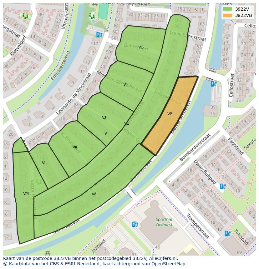 Afbeelding van het postcodegebied 3822 VB op de kaart.