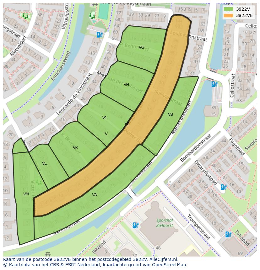 Afbeelding van het postcodegebied 3822 VE op de kaart.