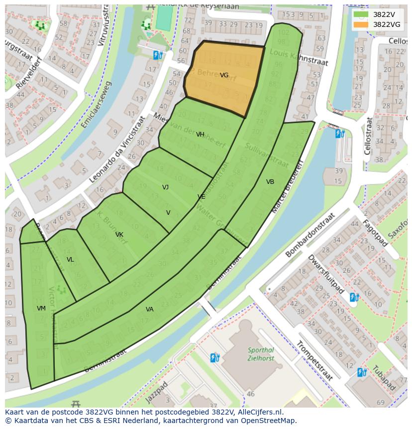 Afbeelding van het postcodegebied 3822 VG op de kaart.