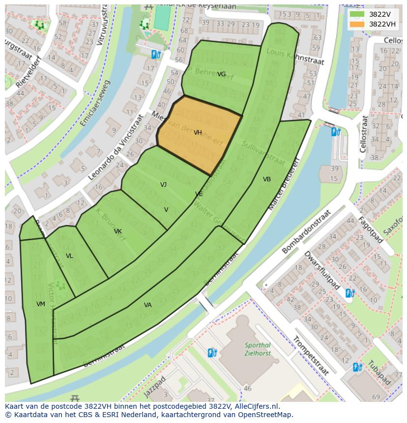 Afbeelding van het postcodegebied 3822 VH op de kaart.