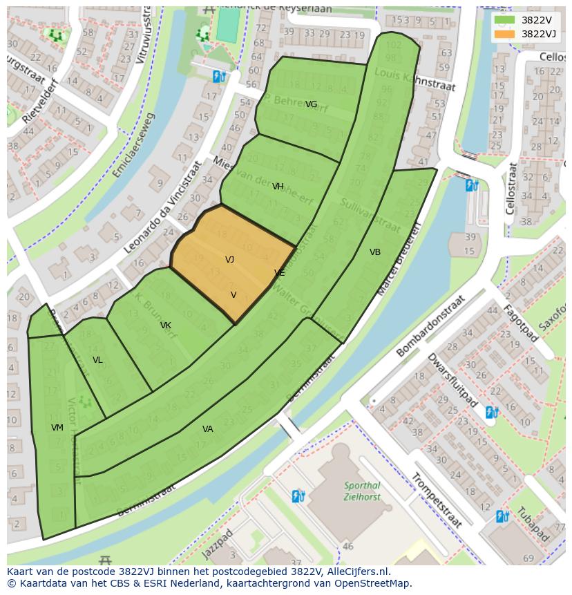 Afbeelding van het postcodegebied 3822 VJ op de kaart.